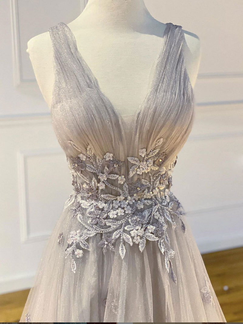 Gray  v neck tulle lace long prom dress gray tulle formal dress