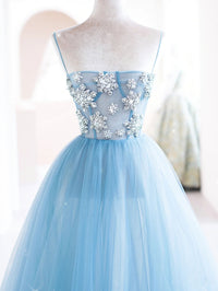 Blue tulle beads long prom dress, blue tulle long evening dress