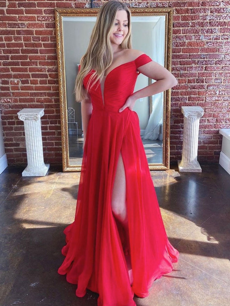 Simple red v neck tulle long prom dress red formal dress