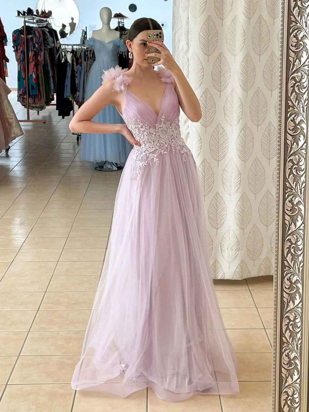 V Neck Tulle Pink Long Prom Dresses, Pink Formal Party Gown Dresses