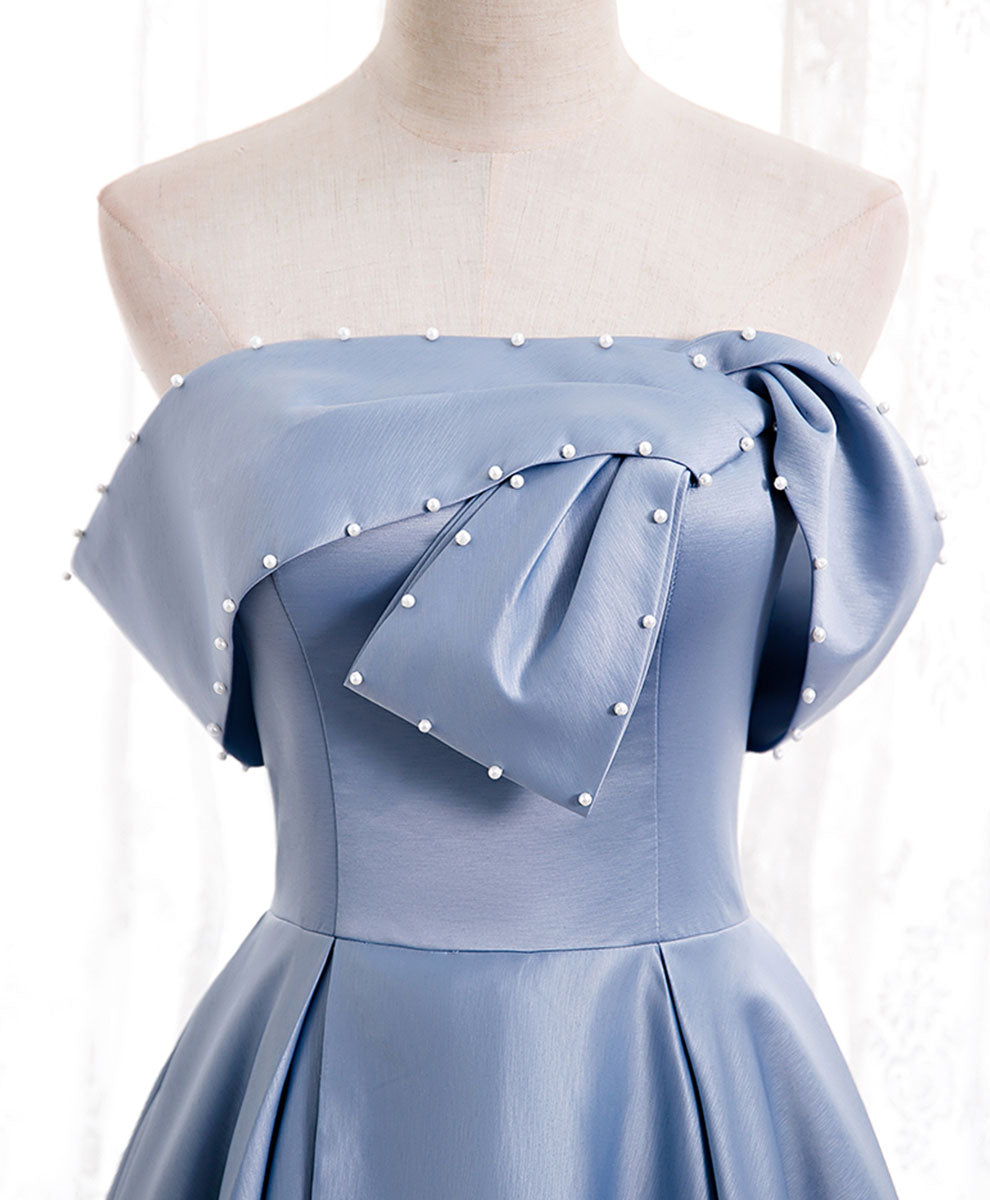 Blue satin of shoulder long prom dress blue bridesmaid dress