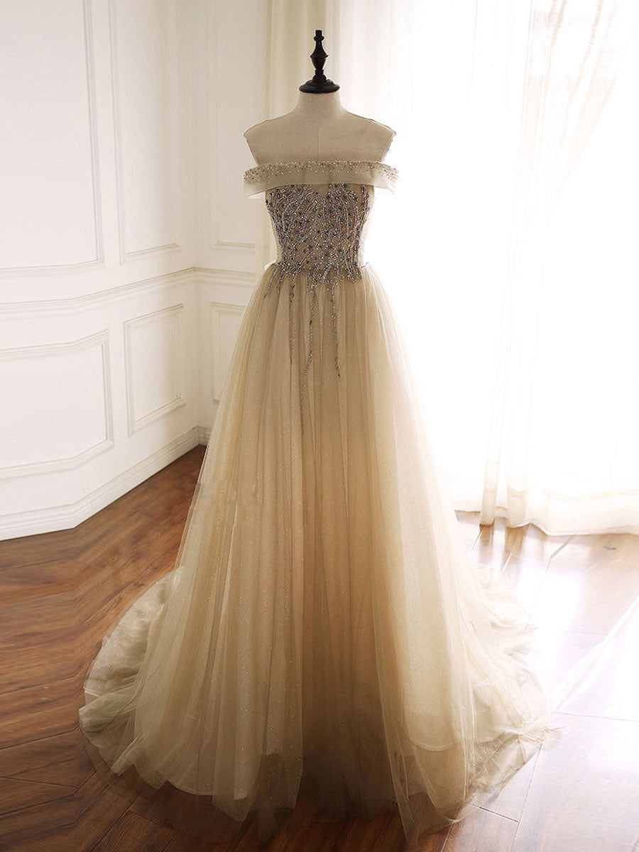 Champagne tulle beads sequin long prom dress formal dress