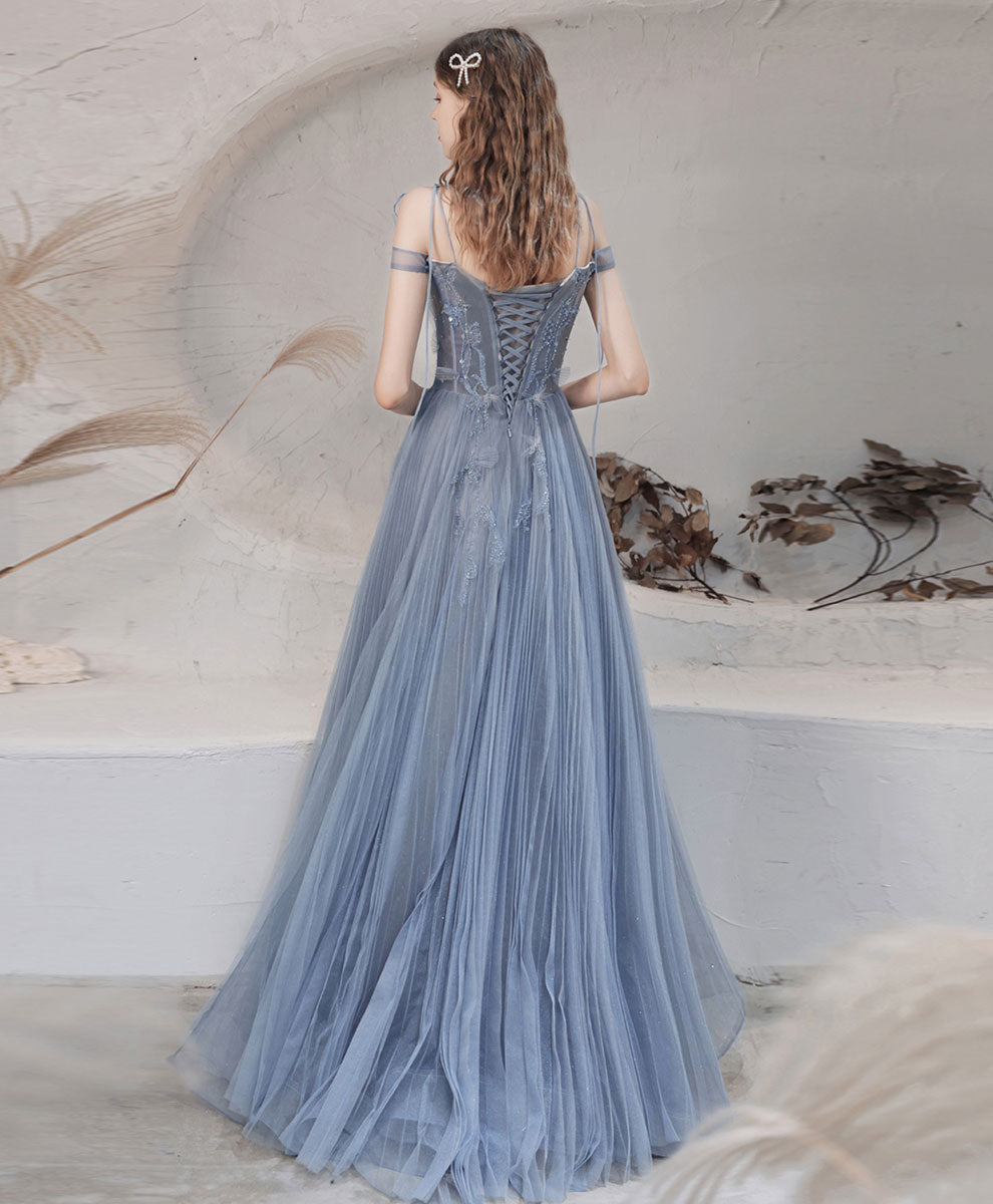 Blue tulle lace off shoulder long prom dress tulle formal dress