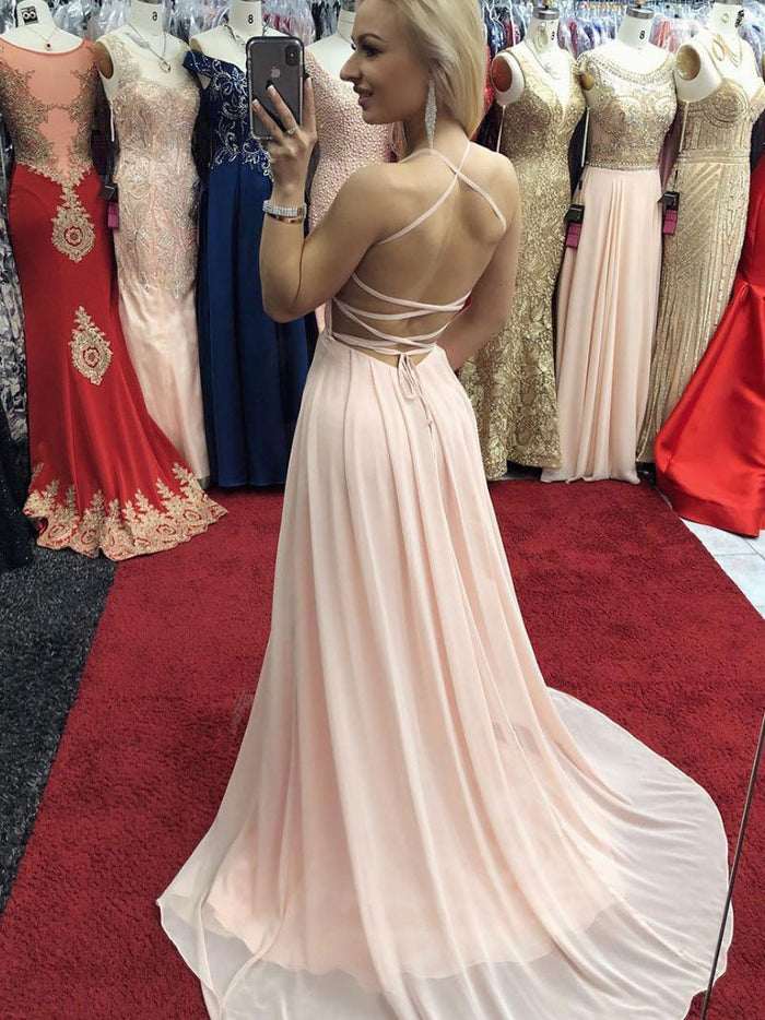 Simple pink chiffon long prom dress, pink chiffon evening dress
