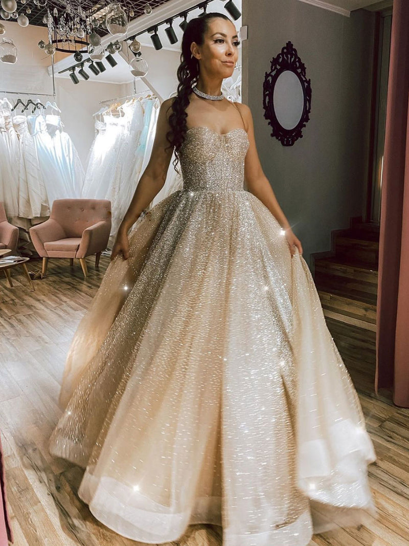 Champagne sweetheart tulle sequin long prom dress sequin evening dress toptby Champagne sweetheart tulle sequin long prom dress sequin evening dress toptby