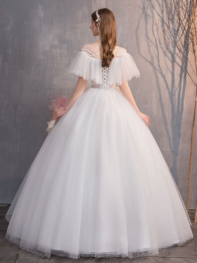 White round neck tulle long wedding dress, tulle wedding gown