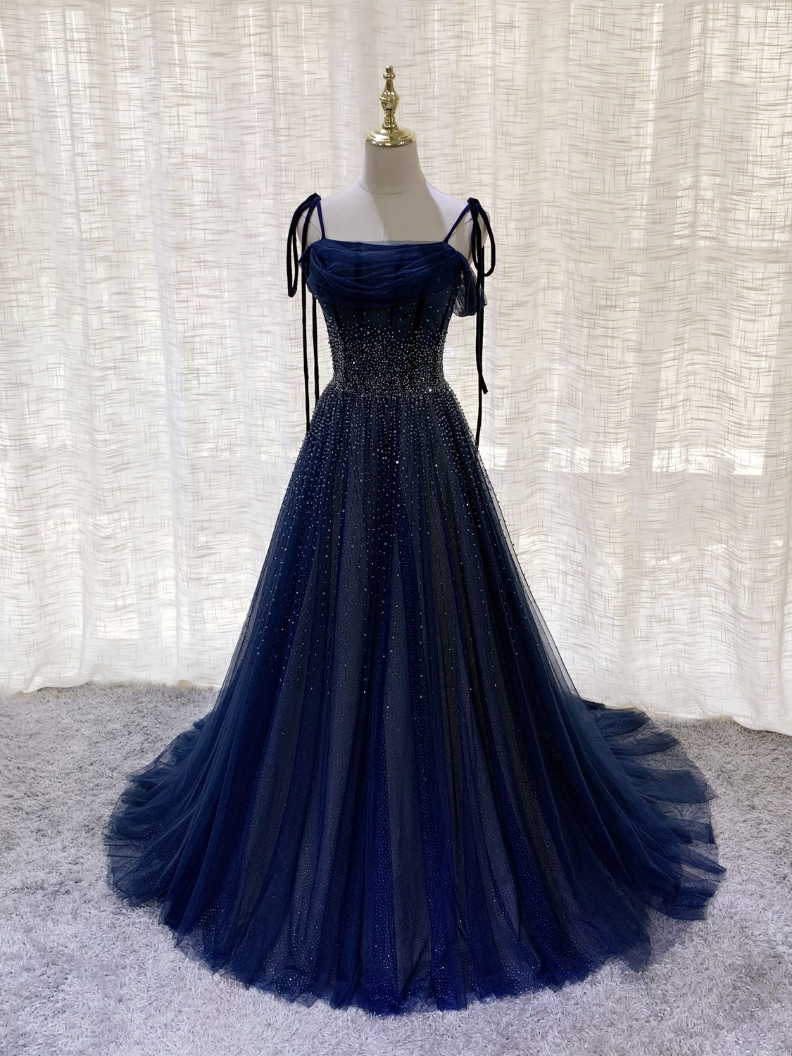 Dark blue tulle sequin long prom dress, dark blue evening dress toptby Dark blue tulle sequin long prom dress, dark blue evening dress toptby