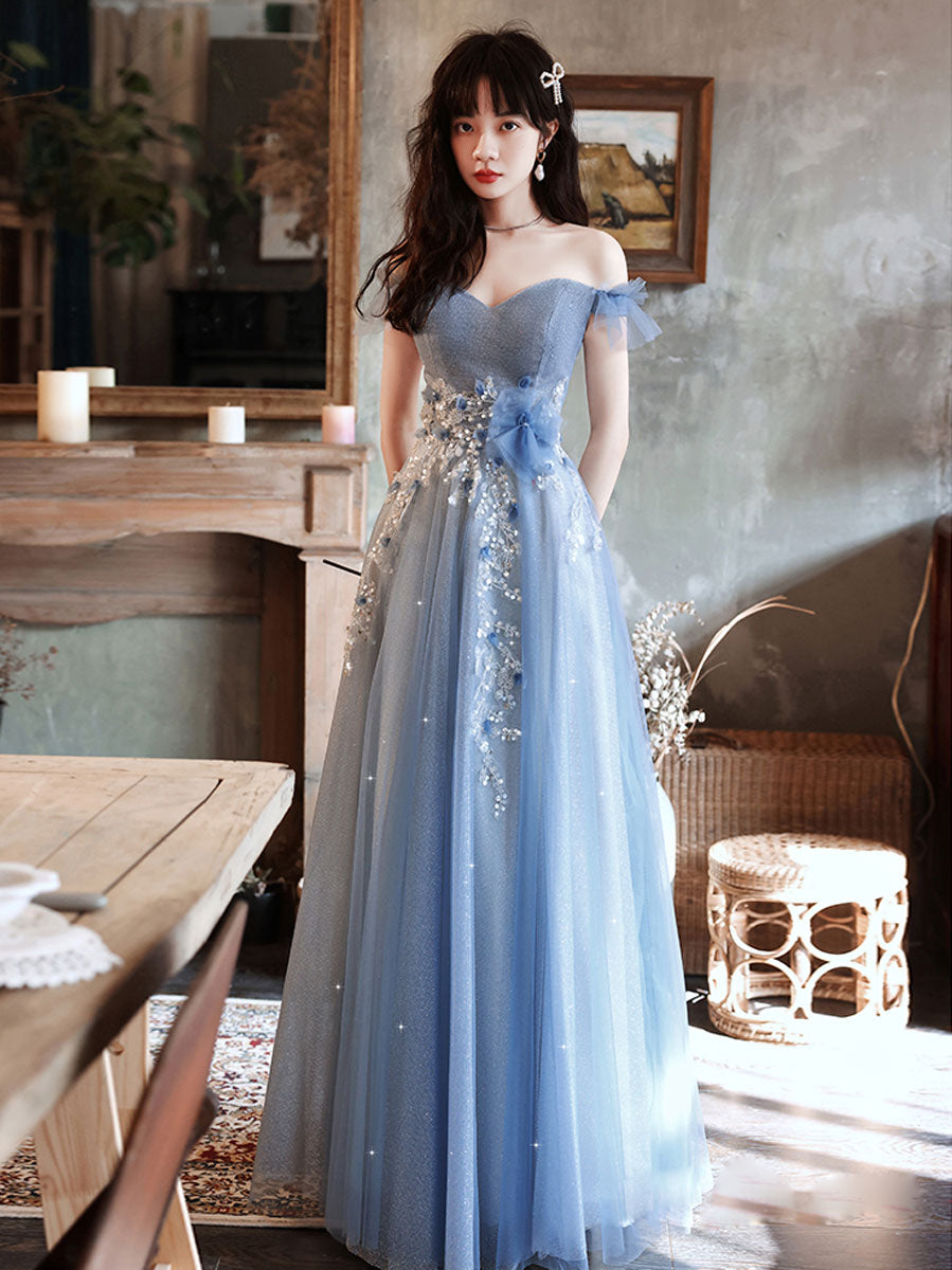 Blue tulle off shoulder long prom dress, blue tulle formal dress