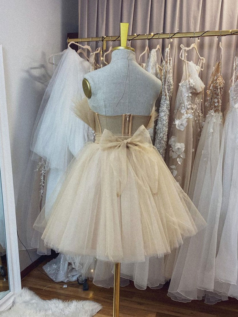 Champagne tulle short prom dress, champagne homecoming dress – toptby