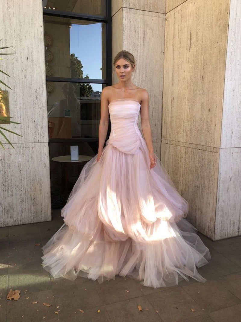 Light pink tulle long prom dress, pink tulle formal dress