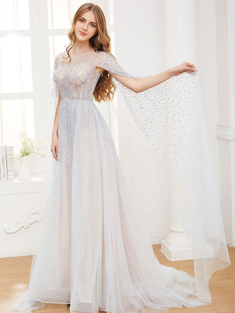 White tulle sequin beads long prom dress tulle formal dress