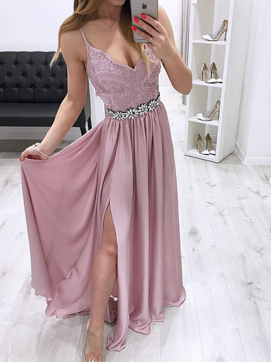Pink sweetheart pink lace long prom dress, pink formal dress