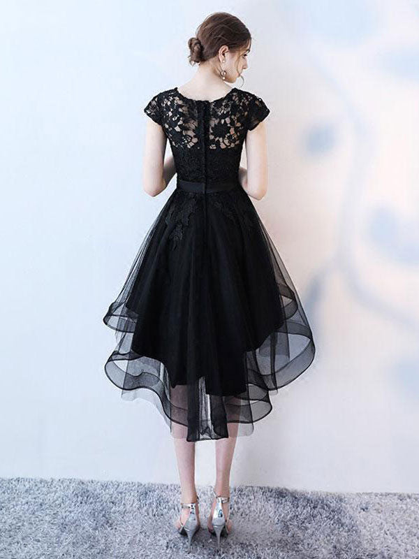 Black lace short prom dress, hight low homecoming dress