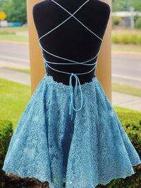 Blue lace short prom dress, blue lace homecoming dress