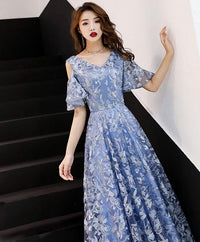 Blue v neck lace long prom dress, blue bridesmaid dress