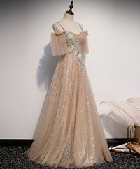 Champagne sweetheart tulle lace long prom dress formal dress
