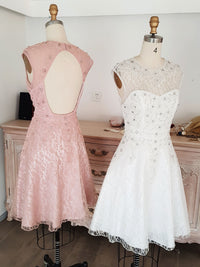 White round neck tulle lace short prom dress lace bridesmaid dress