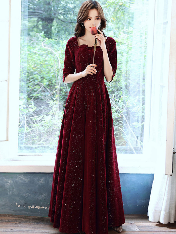 Simple burgundy velvet long prom dress velvet evening dress