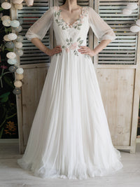 White chiffon applique long prom dress, white evening dress
