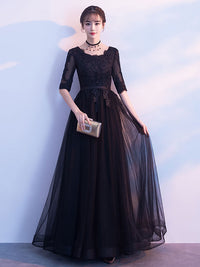 Black tulle lace long prom dress, black tulle lace evening dress