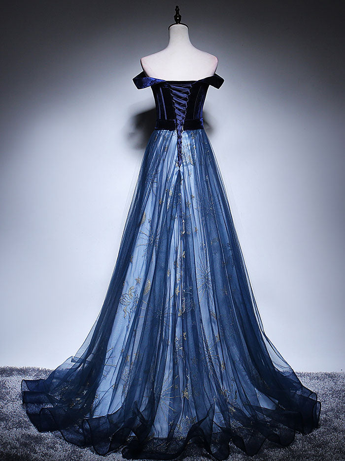 Dark blue tulle lace long prom dress, blue evening dress