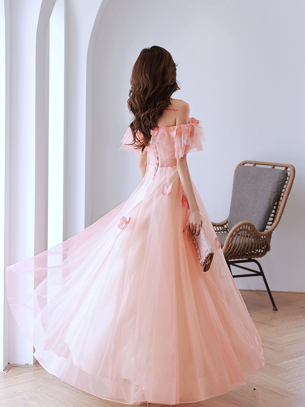 Pink tulle off shoulder long prom dress, pink tulle formal dress