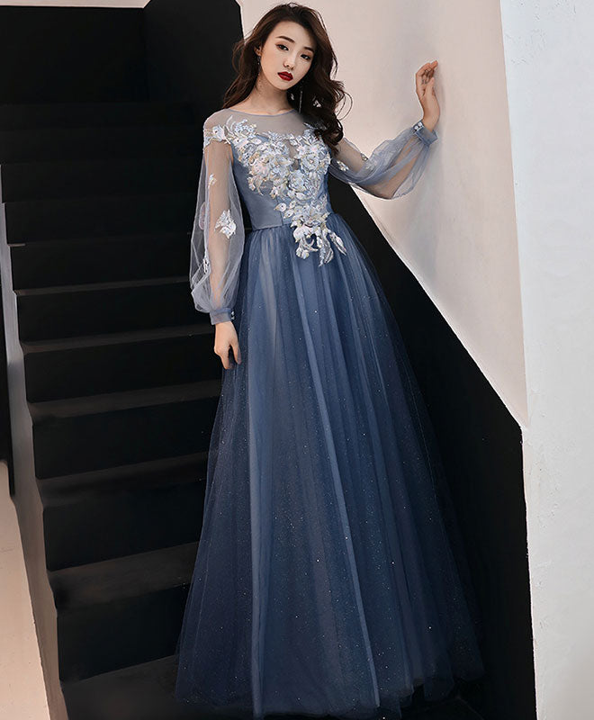 Blue tulle lace long prom dress blue lace formal dress