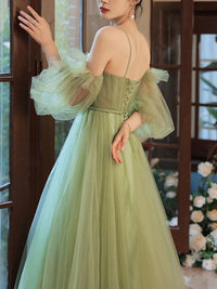 Green tulle A line long prom dress, green tulle formal dress