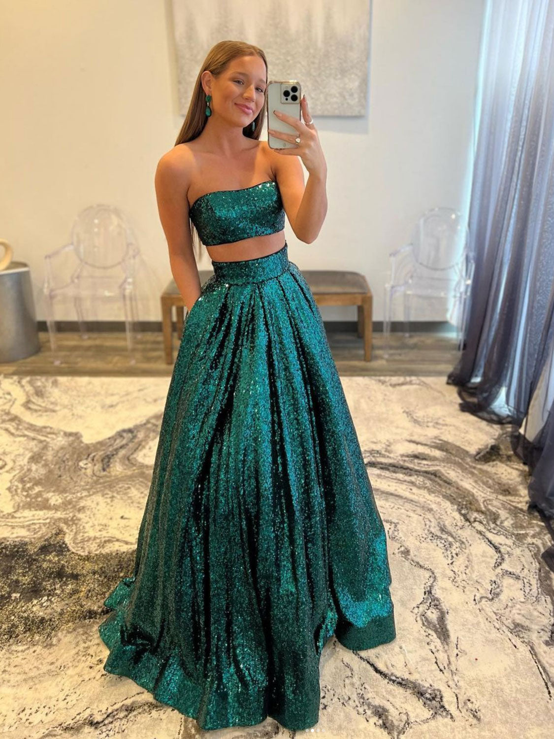 Green two pieces sequin long prom dress, green sequin evening dress