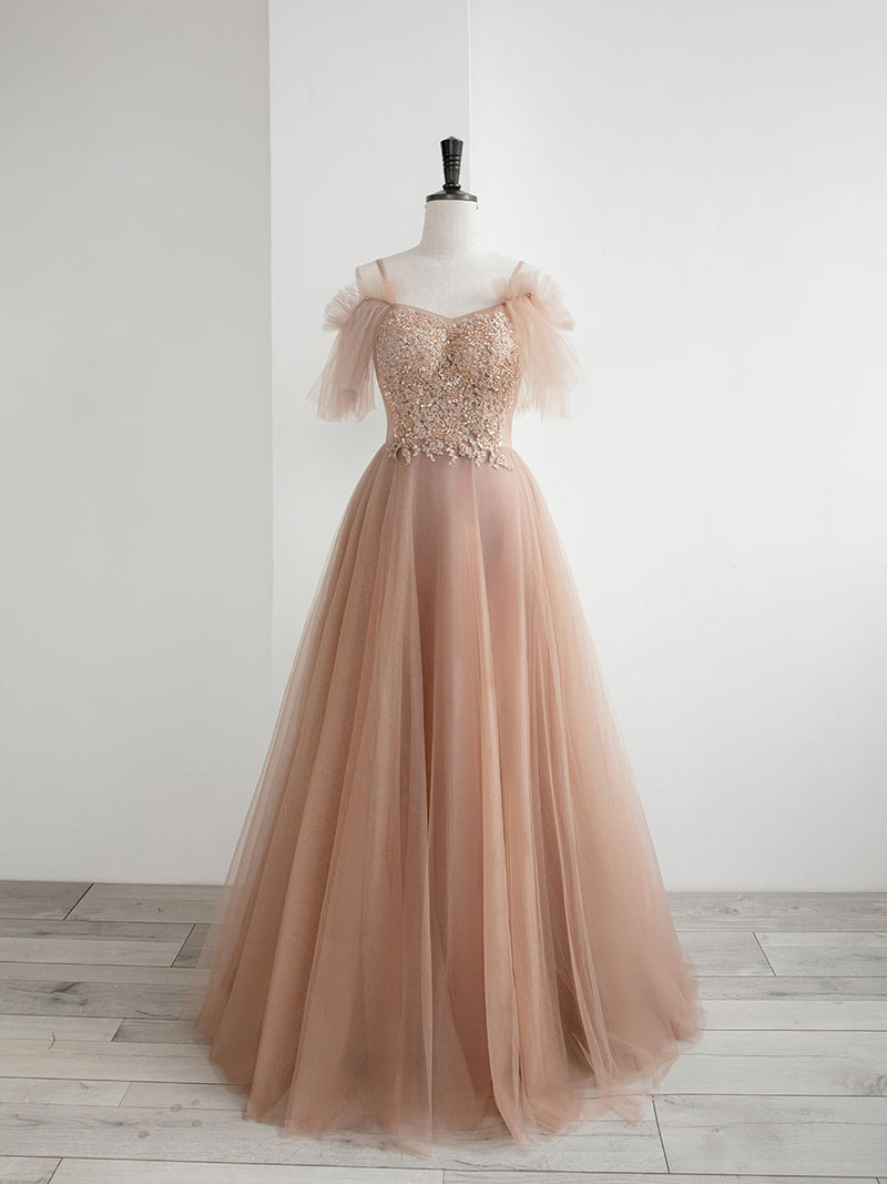 Champagne A line tulle lace long prom dress, champagne evening dress toptby Champagne A line tulle lace long prom dress, champagne evening dress toptby