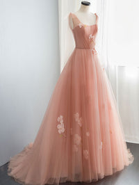 Pink tulle long prom dress, Pink Tulle Flower Formal Evening Dresses