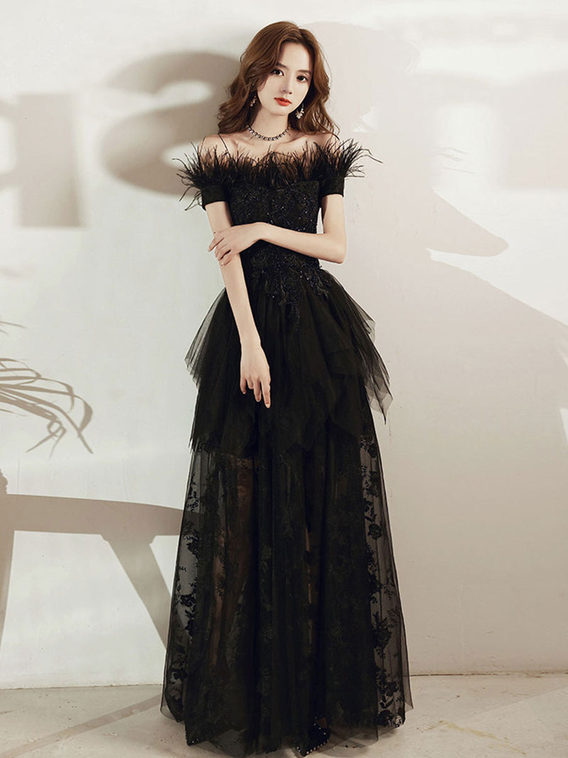 Black tulle lace long prom dress black tulle lace evening dress