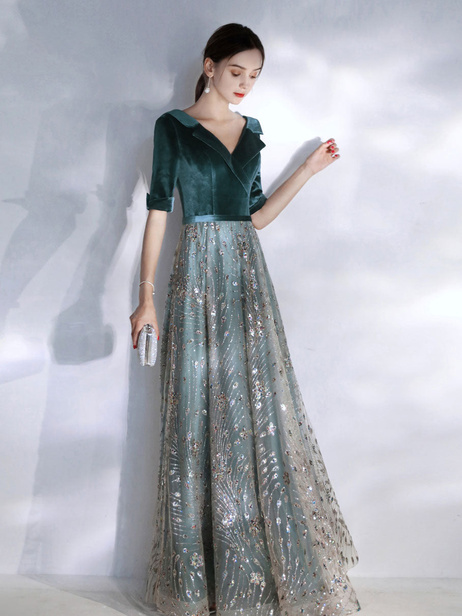 Green v neck tulle lace long prom dress, green evening dress