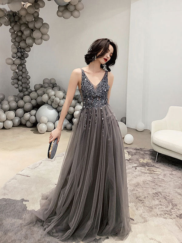 Gray v neck tulle beads long prom dress, gray evening dress