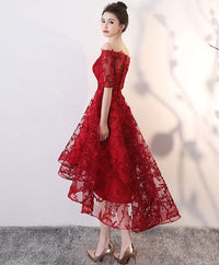 Burgundy lace high low prom dress, burgundy homecoming dress