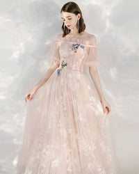 Pink tulle A_line lace long prom dress sweet 16 dress