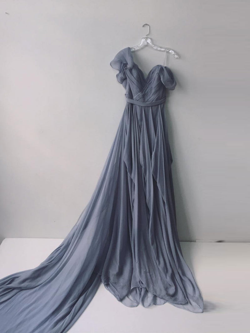 Simple gray chiffon long prom dress, gray chiffon evening dress