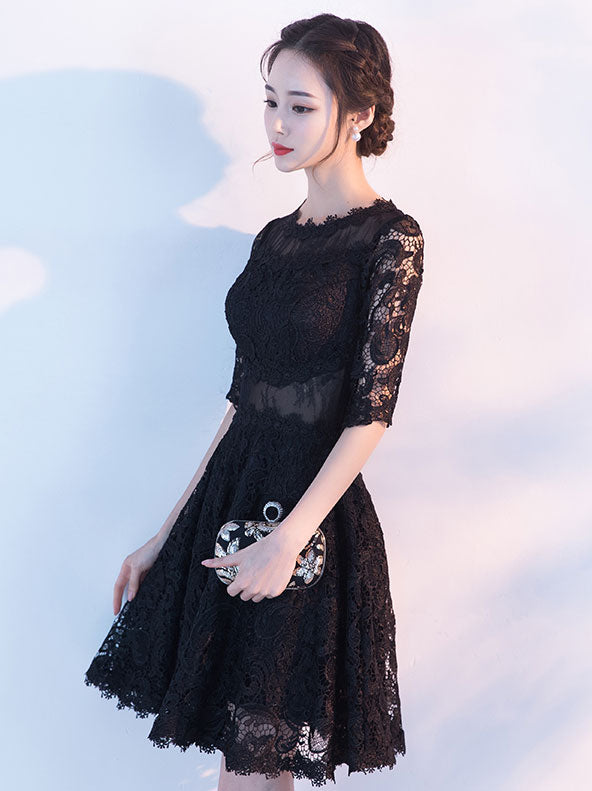 Black lace short prom dress, black lace homecoming dress