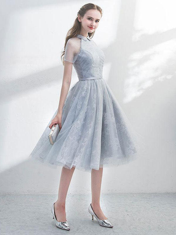 Cute gray tulle lace short prom dress, gray evening dress toptby Cute gray tulle lace short prom dress, gray evening dress toptby