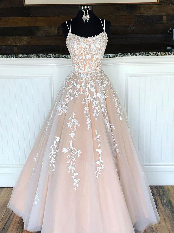 Champagne tulle lace long prom dress lace tulle evening dress