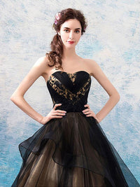 Black sweetheart neck tulle long prom dress, black evening dress