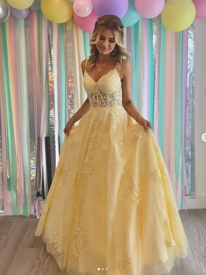 Yellow v neck tulle lace long prom dress, yellow lace formal party dress