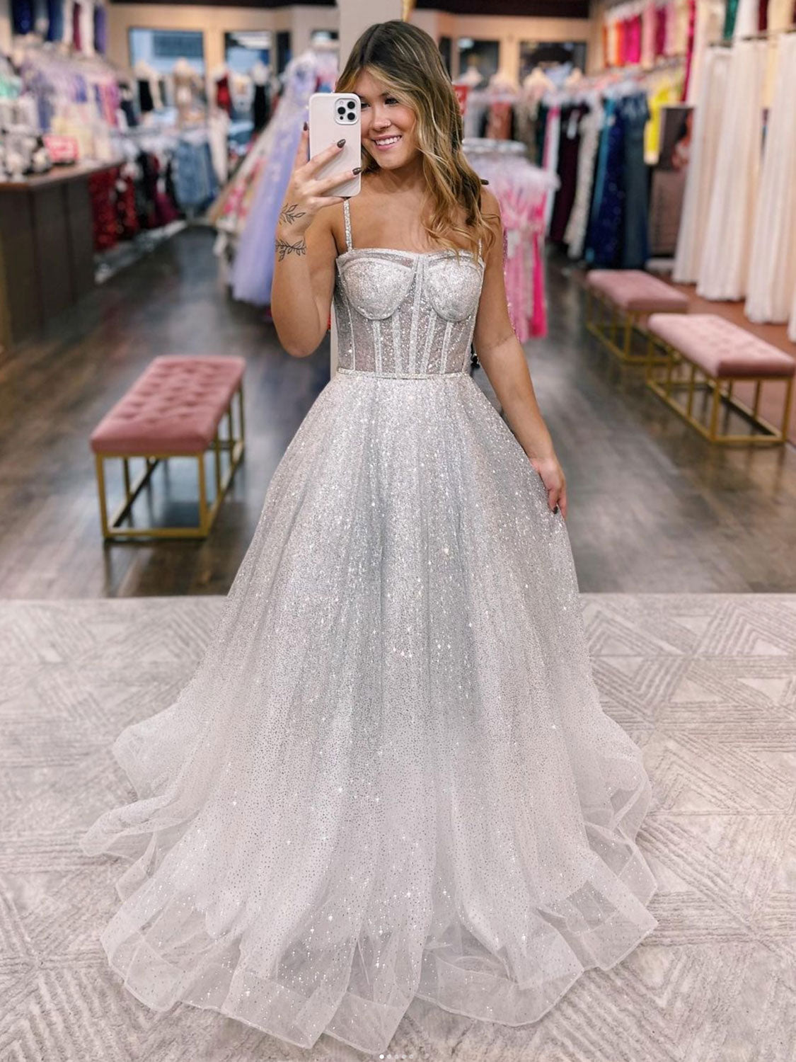 A-Line Gray White Sequin Long Prom Dress, Tulle Sequin Evening Dress A-Line Gray White Sequin Long Prom Dress, Tulle Sequin Evening Dress