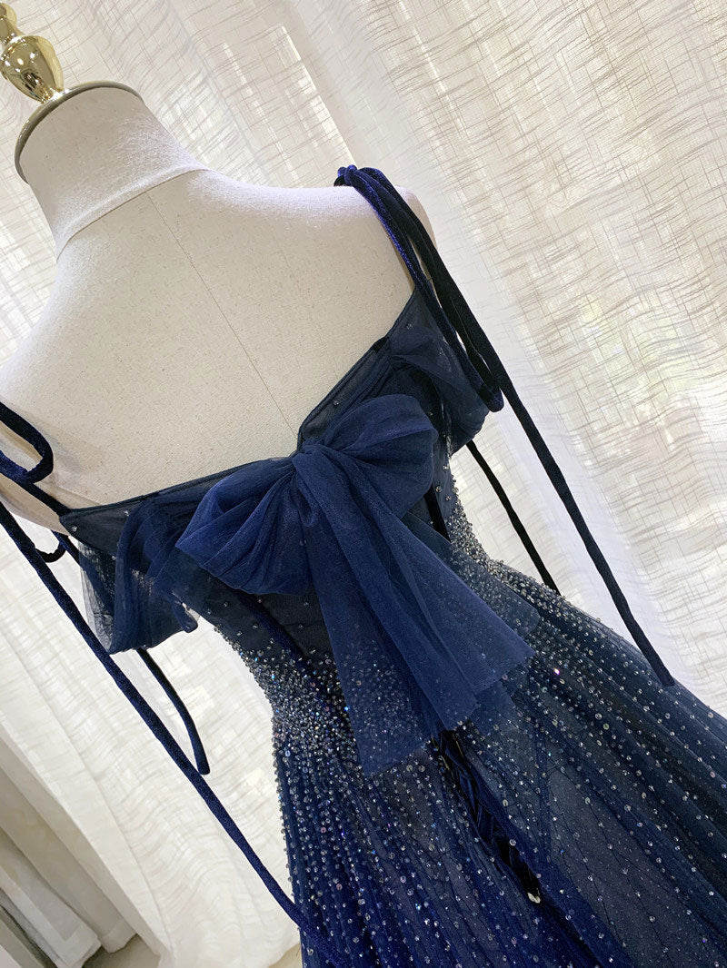 Dark blue tulle sequin long prom dress, dark blue evening dress