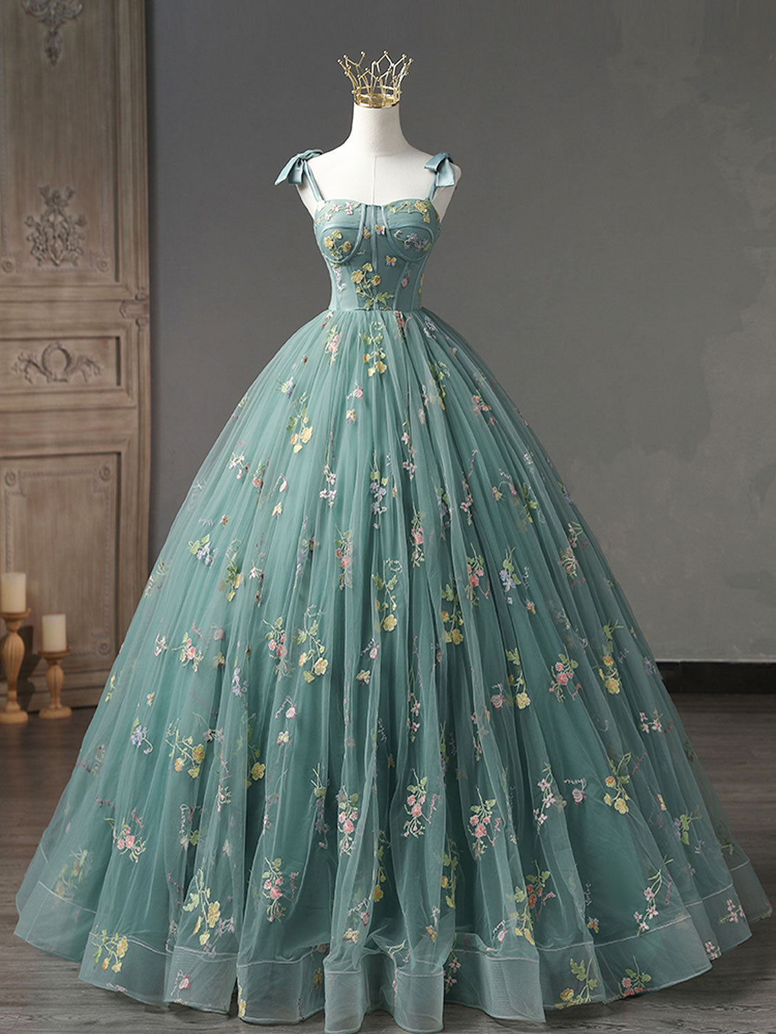 A-Line Green Tulle Lace Long Prom Dresses, Green Formal Evening Dress