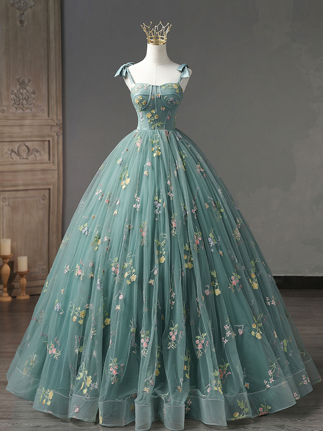 A-Line Green Tulle Lace Long Prom Dresses, Green Formal Evening Dress A-Line Green Tulle Lace Long Prom Dresses, Green Formal Evening Dress