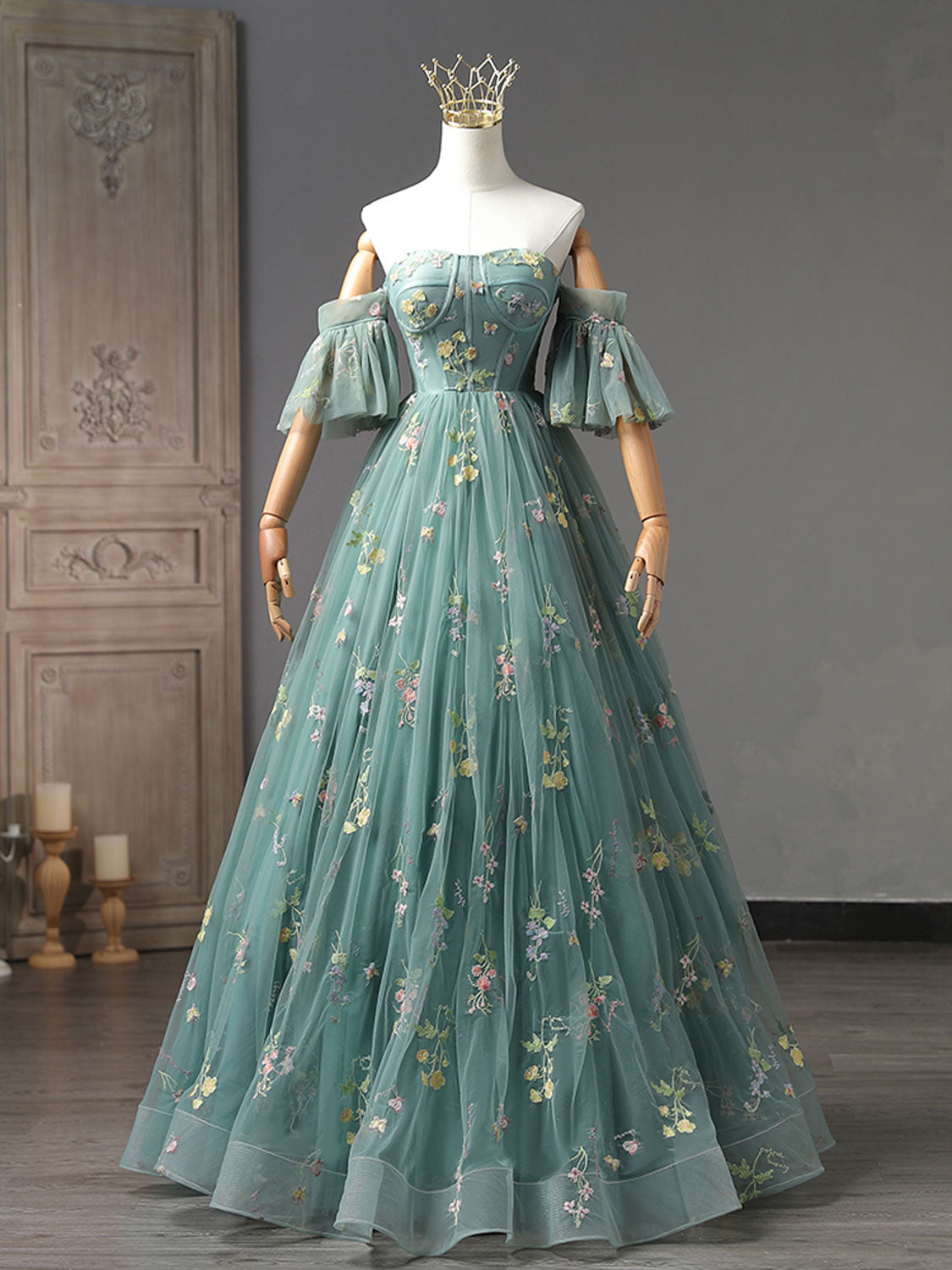 A-Line Green Tulle Lace Long Prom Dresses, Green Formal Evening Dress toptby A-Line Green Tulle Lace Long Prom Dresses, Green Formal Evening Dress toptby