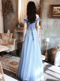 Blue tulle off shoulder long prom dress, blue tulle formal dress