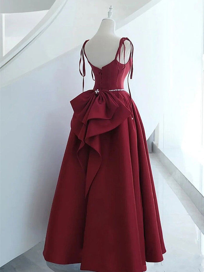 Aline Burgundy Long Prom Dress, Satin Formal Burgundy Evening Gown