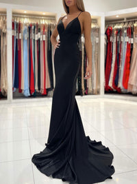 Simple black backless long prom dress, mermaid black evening dress